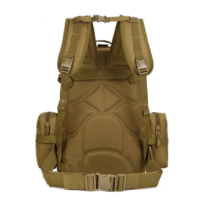 50L outdoor backpack in wolf brown with nylon fabric, multiple compartments, and webbing details