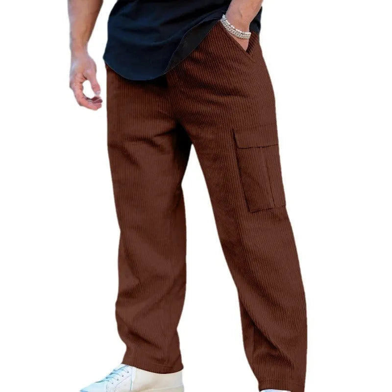 Men's straight-leg corduroy cargo trousers with wide-leg design and drawstring waist