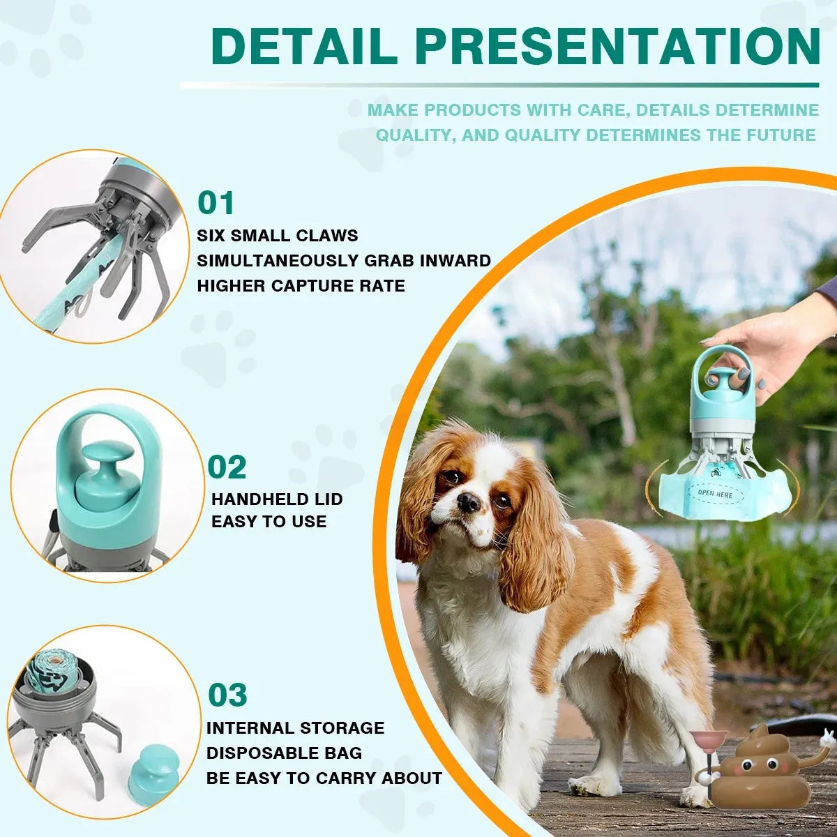 Blue dog pooper scooper with claw mechanism and bag dispenser on grass