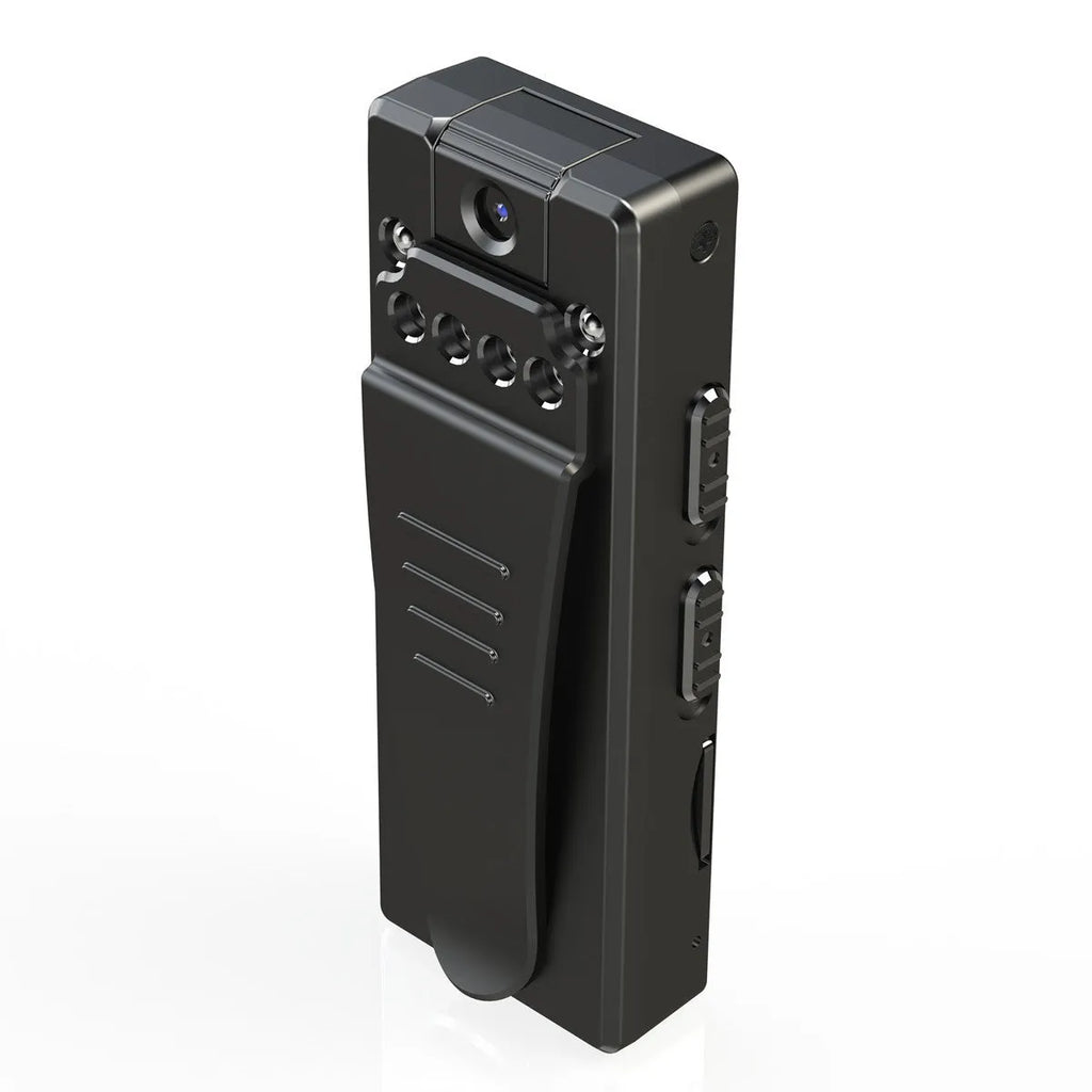 Black 1080p HD digital video camera with a rotatable lens, suitable for use as a dash cam or action camera.