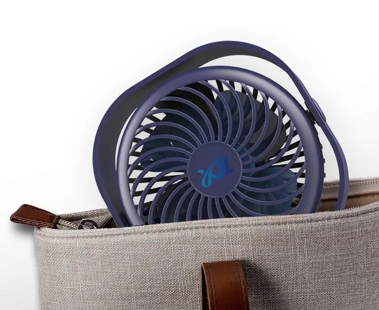USB desk fan with alarm clock display in modern minimalist design, showing 360-degree rotation.