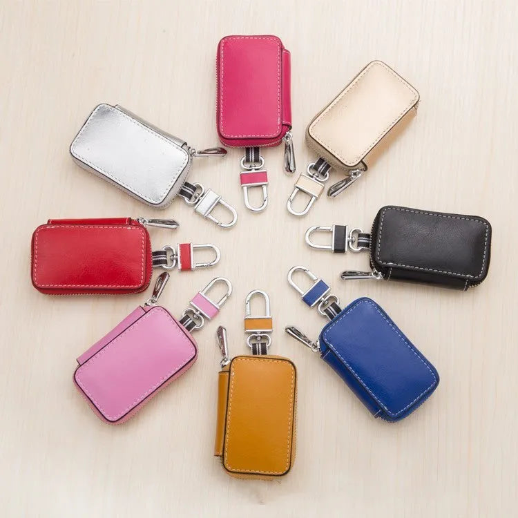 White genuine leather car key case with plain weave finish, 8.3x5x2cm square vertical shape