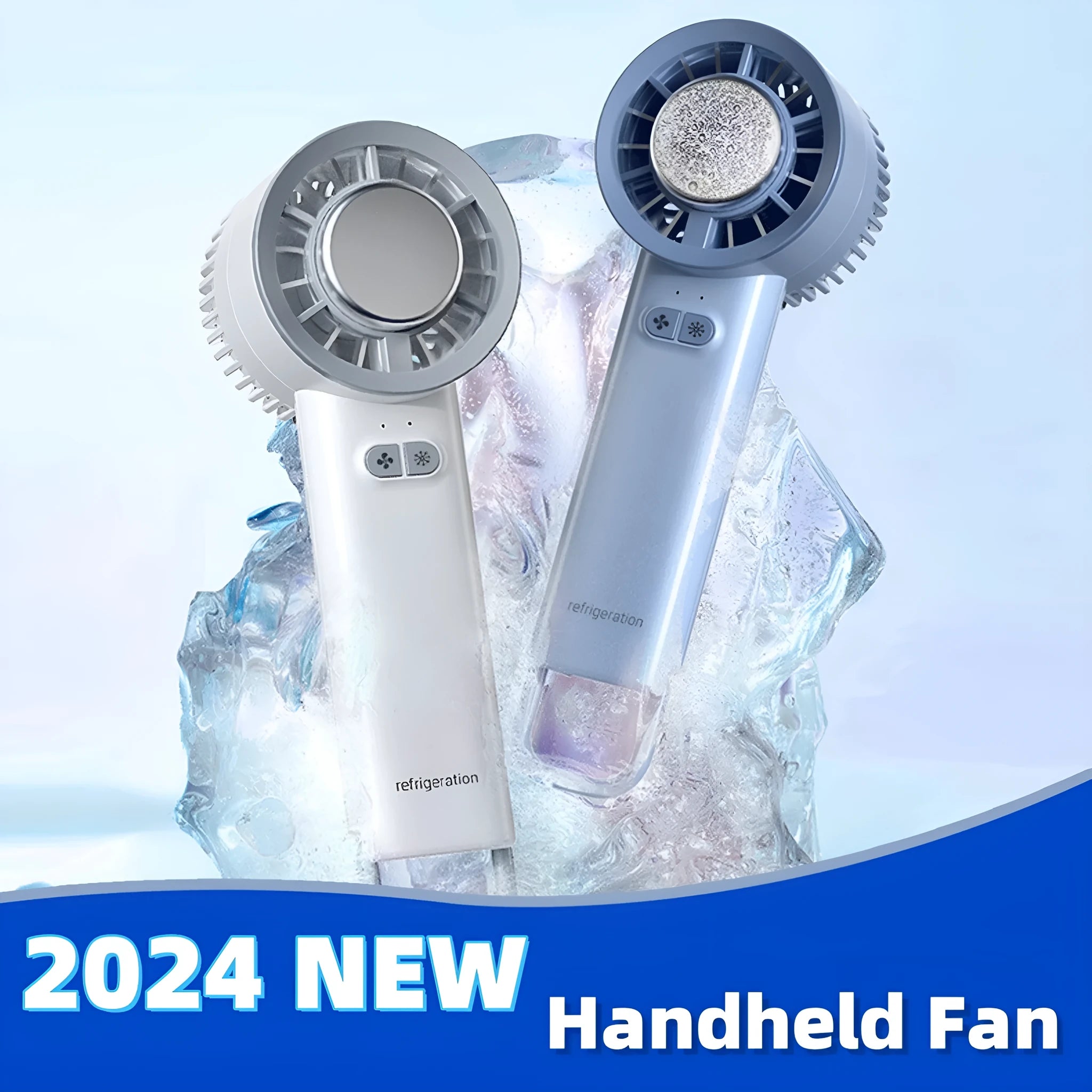 White handheld turbo jet fan with ice cooling function, 3600mAh battery, and brushless motor on a white background