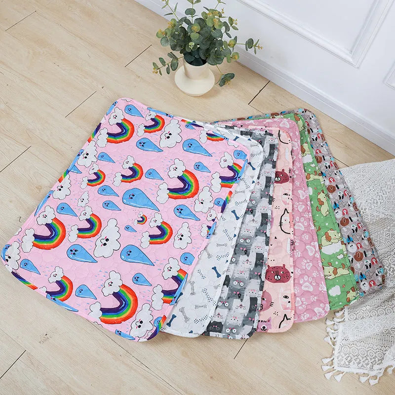 Reusable washable pet urine pad in animal world pattern showing waterproof cloth material.