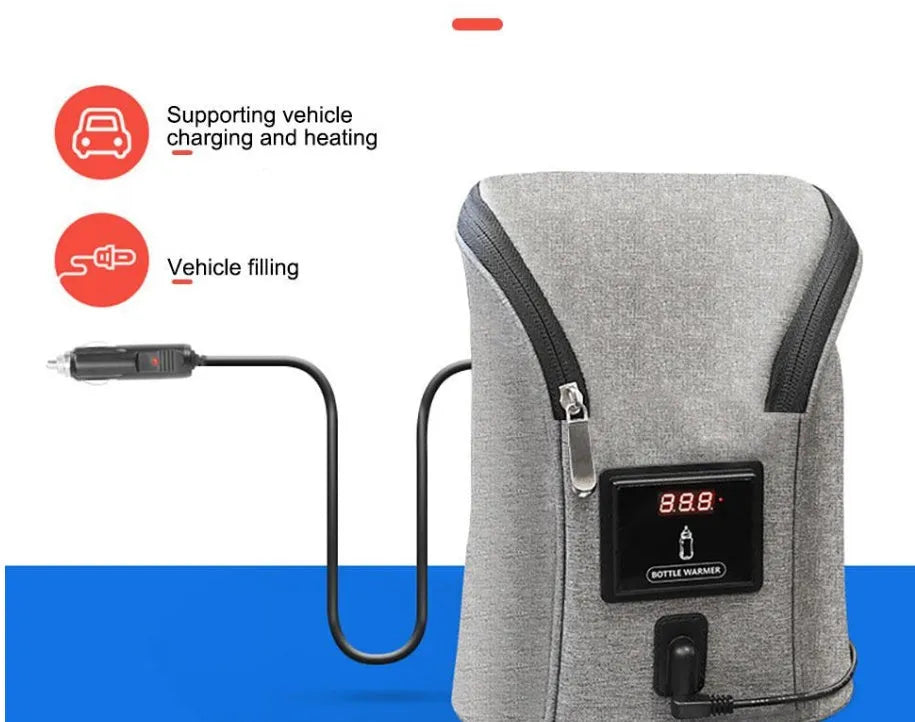 Grey Oxford cloth portable car USB baby bottle warmer showing electronic temperature display and hanging buckle.