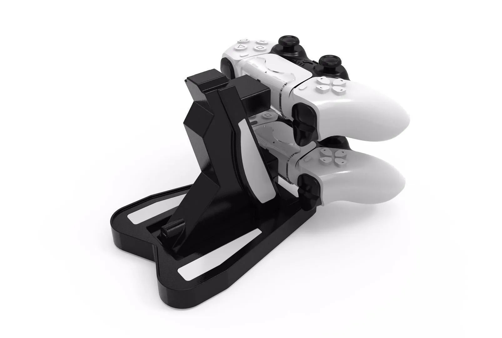 PS5 handle charger with turn light in black ABS plastic, compact size 12.7x17x6.5 cm