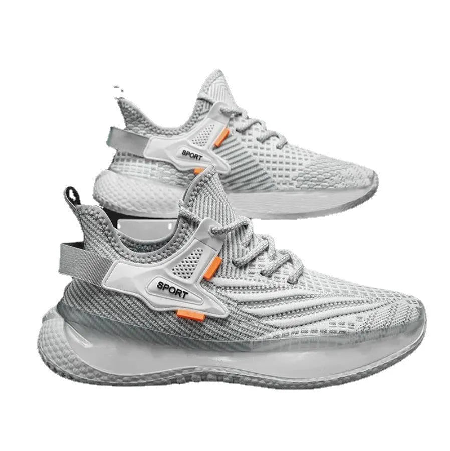 Men's white mesh platform sneakers with flat heel and lace-up front closure