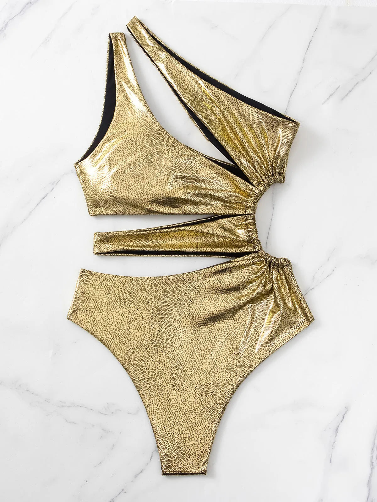 Gold backless one-piece swimsuit for women with spandex fabric