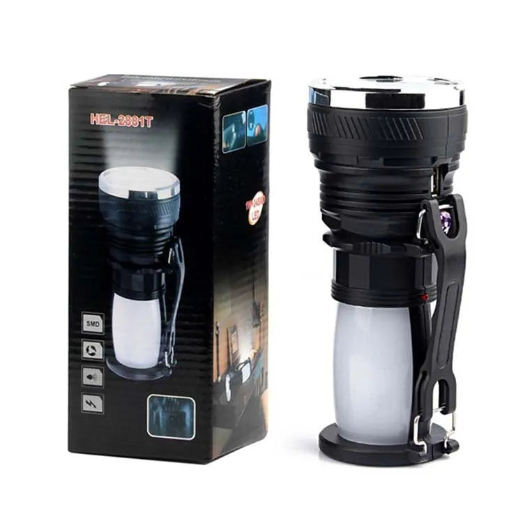 Black solar and USB charging LED emergency flashlight for outdoor use
