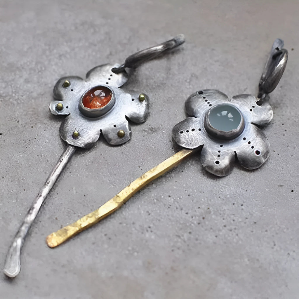 Fashion retro two-tone flower long earrings, alloy, electroplated finish, geometric shape, asymmetrical colours