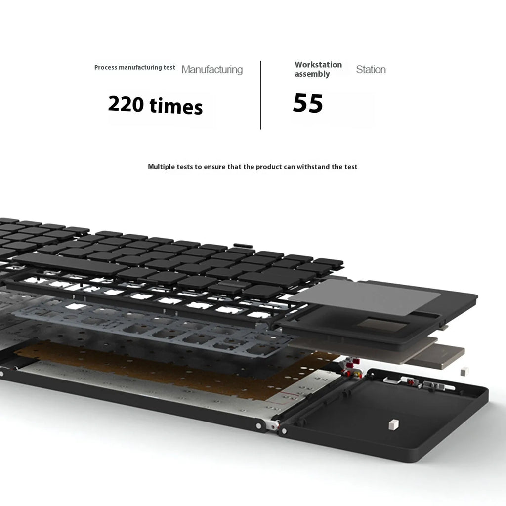 Mini tri-fold aluminium Bluetooth keyboard shown folded to 30.2cm length beside smartphone