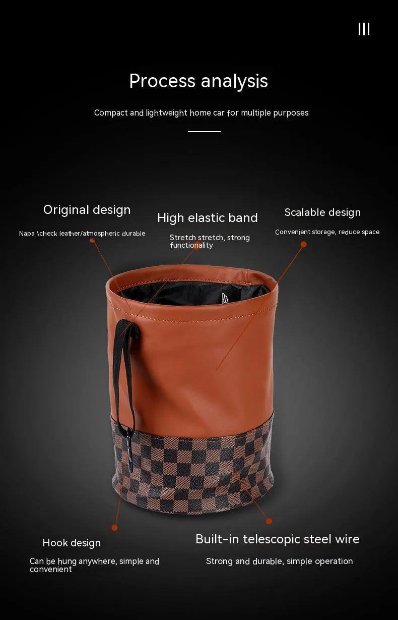 Retractable leather interior car trash can shown in colour from product pictures