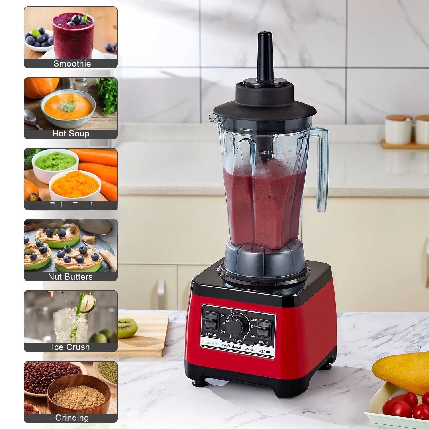 Red commercial blender with 2L stainless steel jug and 2200W motor for professional kitchen use