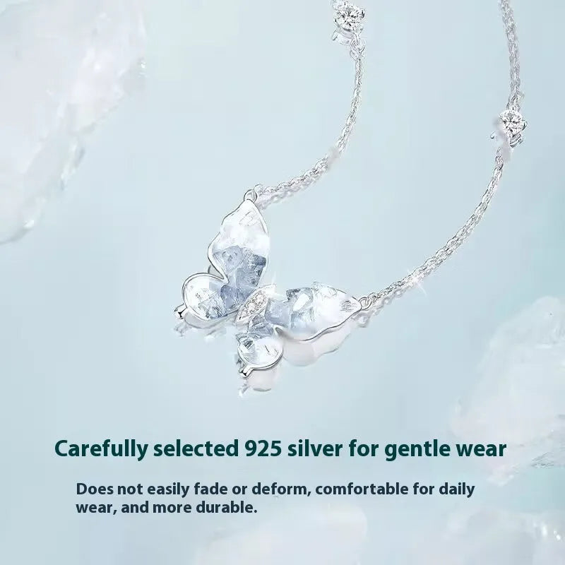925 silver butterfly pendant necklace with ice rain detailing on 41-50cm O-ring chain