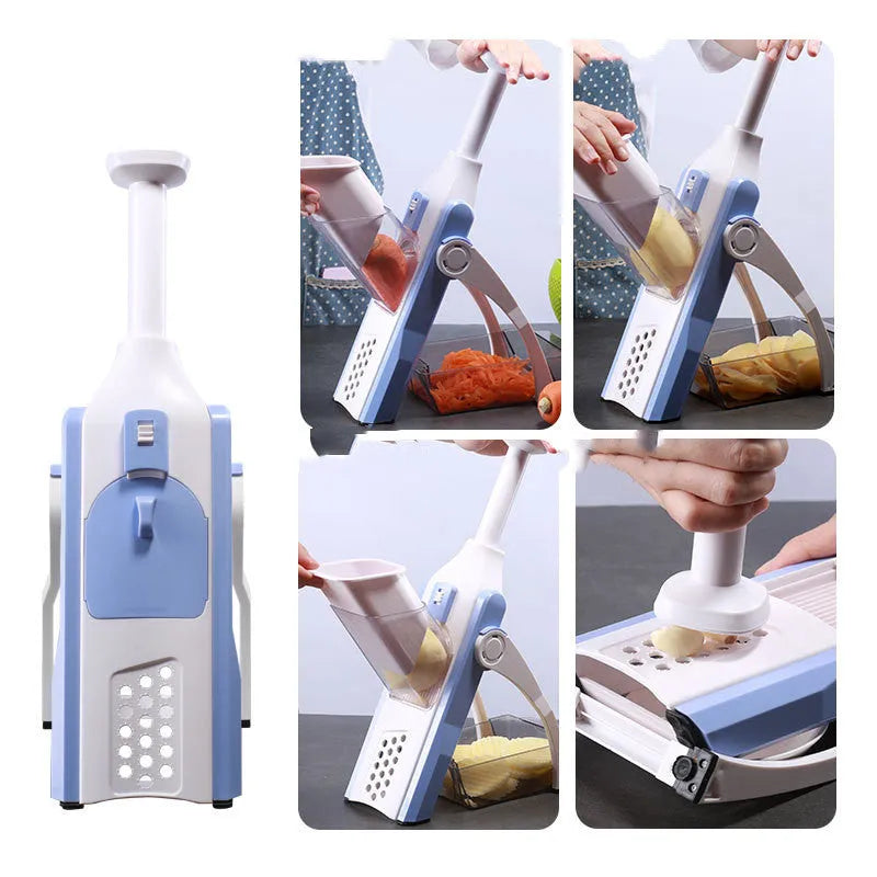 White and blue multifunctional vegetable slicer with stainless steel blade and cleaning brush on a kitchen counter