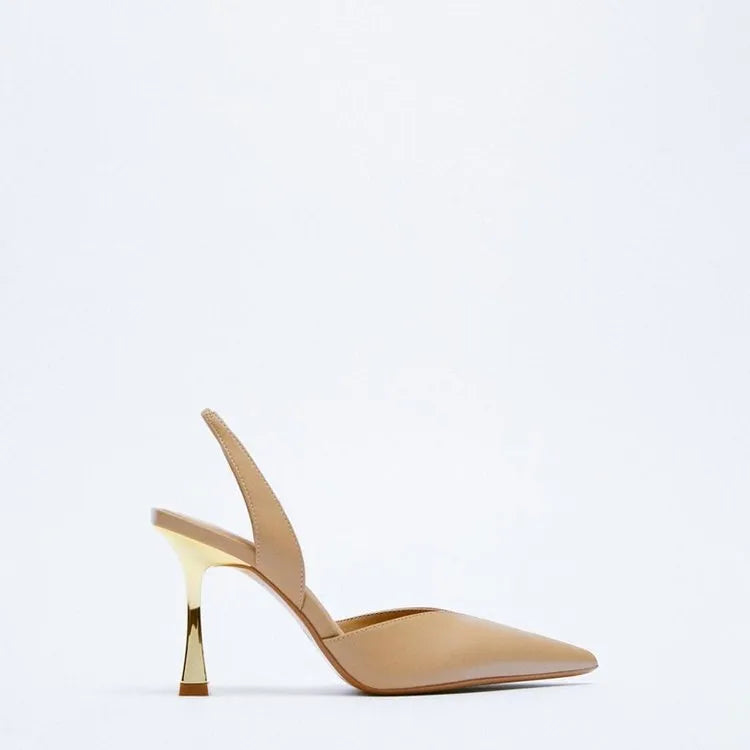 Korean-style pointed patent leather high heels for women in apricot colour with shallow mouth cut design