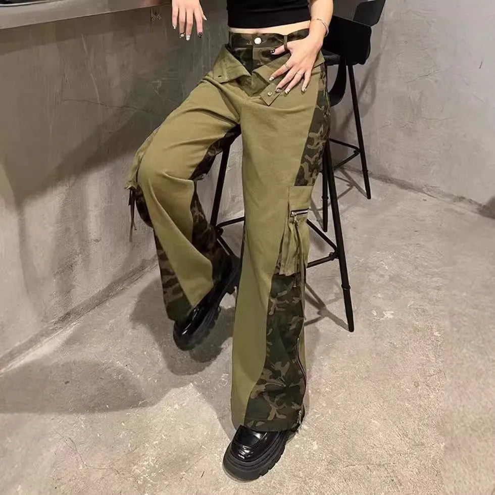 High waist straight leg jeans with dark khaki leopard print and fake stitching tooling design
