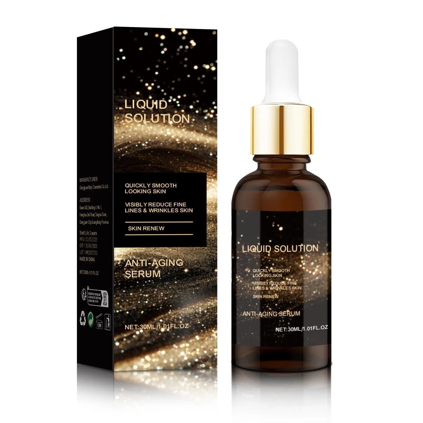 30ml bottle of facial moisturising care solution with hyaluronic acid, measuring 9cm in height.