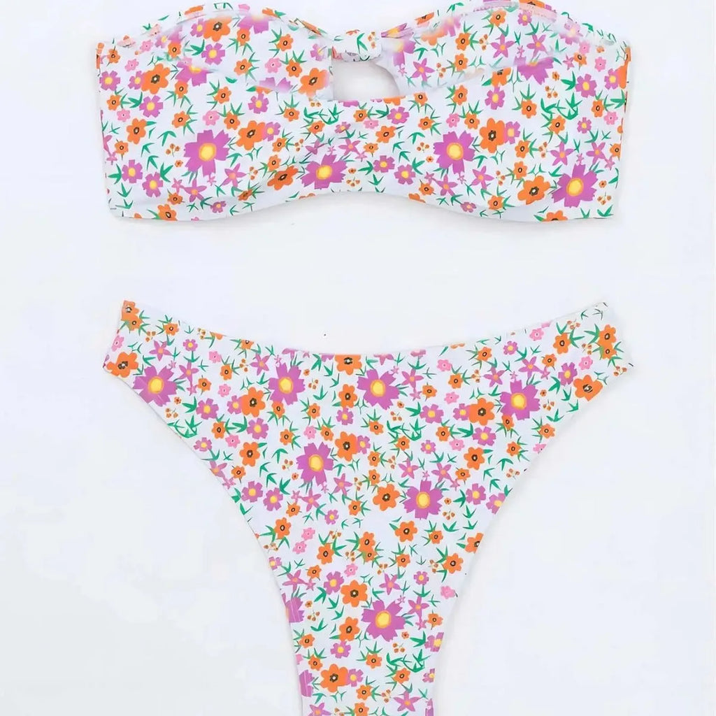 New Flower Swimwear sexy split bandeau bikini set in blue flowers pattern, polyester, size S M L, women's swimwear