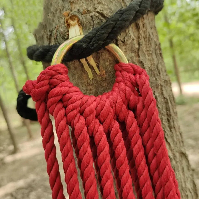 Nylon rope mesh hammock shown outdoors with dimensions 1.1m wide by 2.1m long