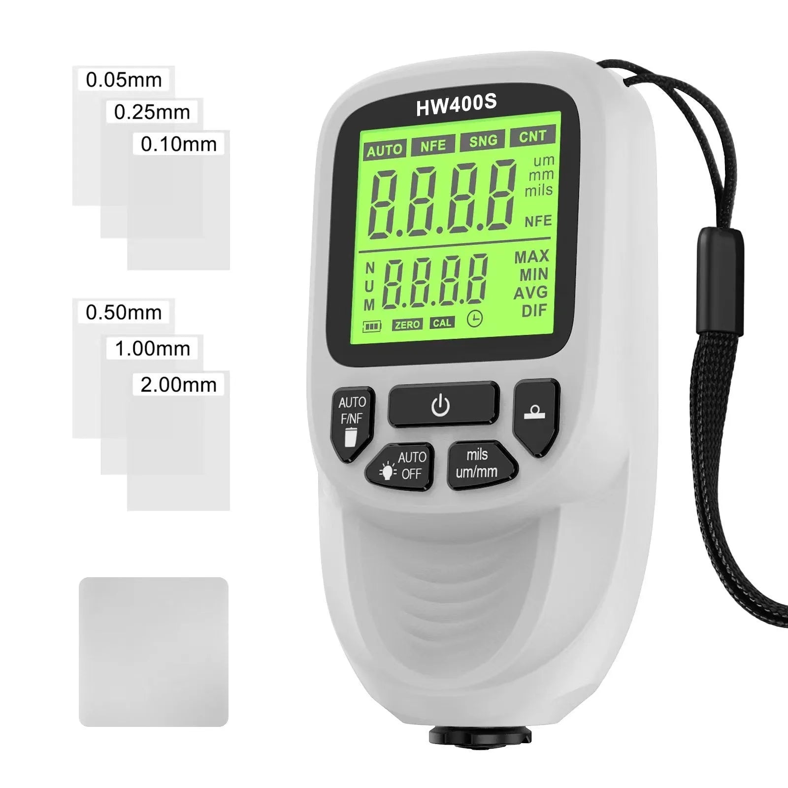 Hw-400s thickness gauge in black, measuring coating on metal surface, ABS body with digital display