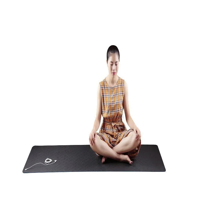 Blue conductive grounding yoga mat with plant pattern, showing integrated wire and 182cm length.