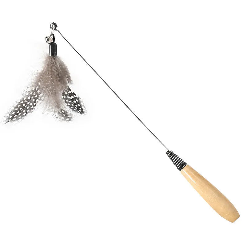 Cat teasing stick with wooden handle, spring, feather head and bell, available in multiple colours
