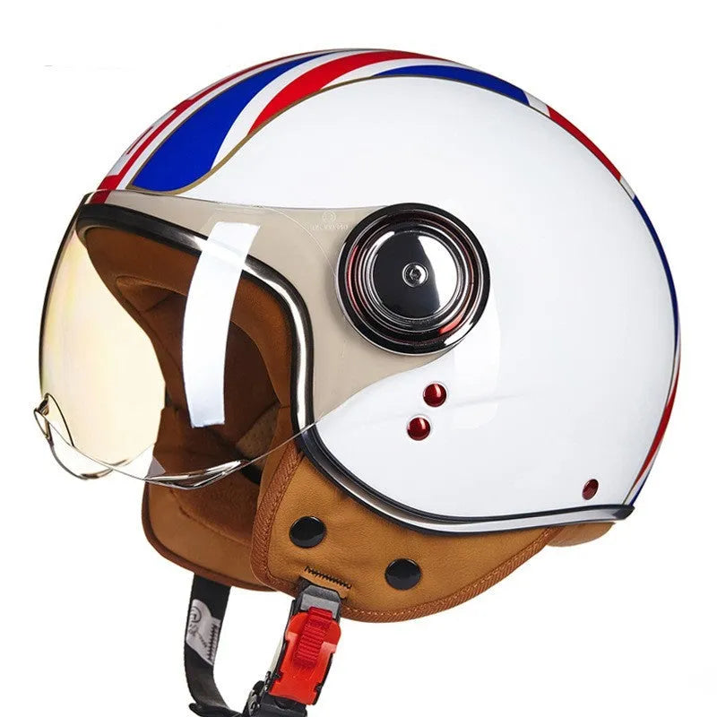 Battery car half helmet in Bright White Red Blue colour, lightweight semi-covered ABS construction, size M to XL