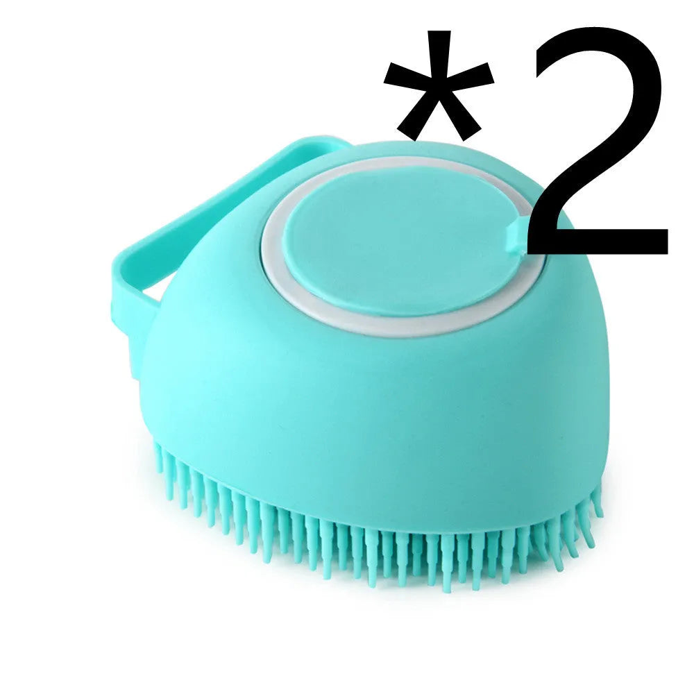 Silicone dog bath massage brush with shampoo dispenser, beige colour, round shape, on white background
