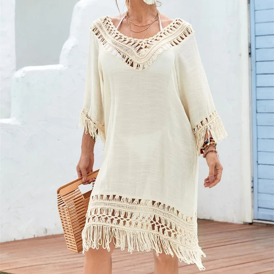 Apricot crocheted patchwork beach dress with knitted elements and half sleeves