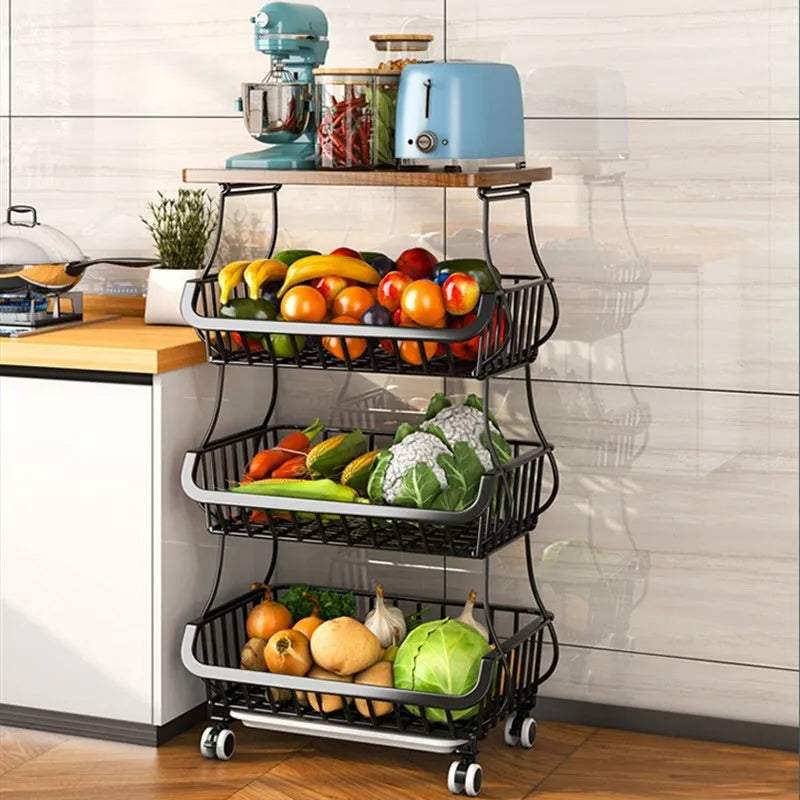Black six-layer freestanding kitchen storage trolley with carbon steel frame