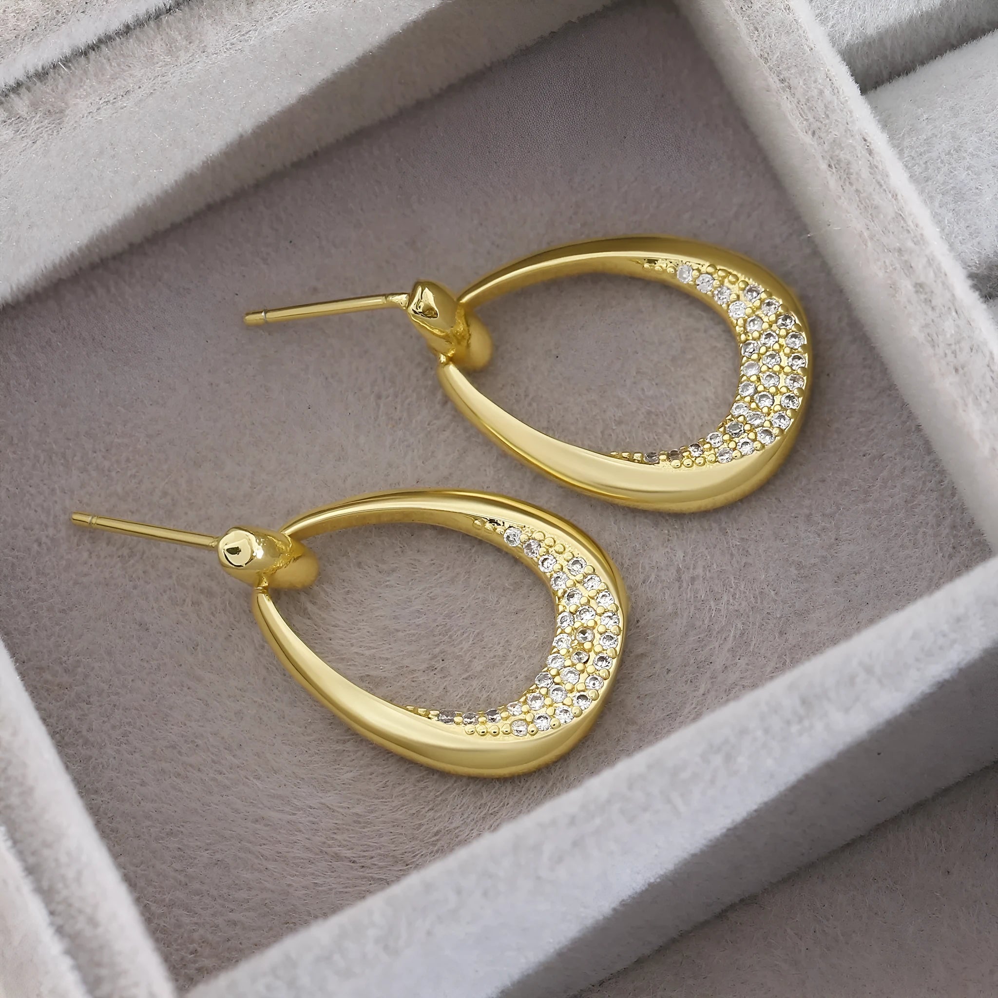 Women's yellow gold geometric drop earrings with zircon detailing measuring 2.6cm by 1.7cm