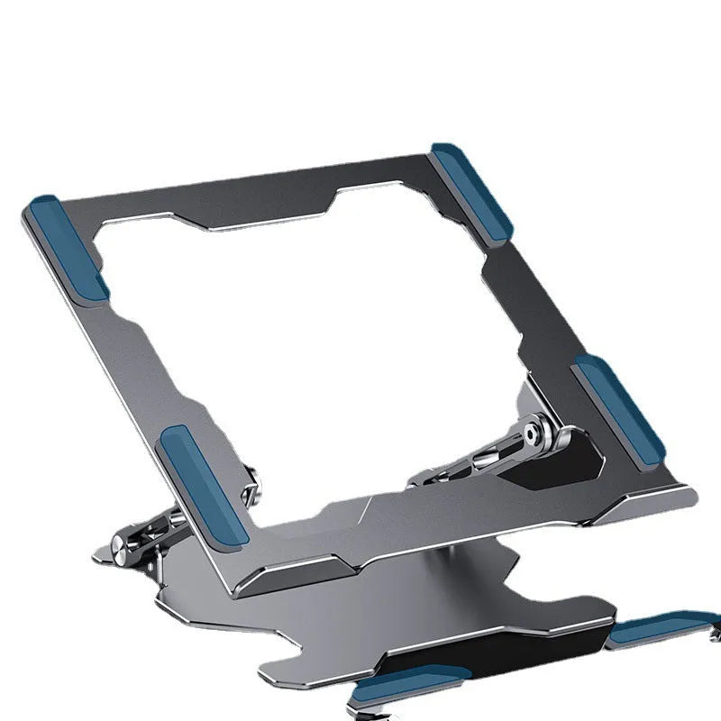 Aluminum adjustable and foldable laptop stand in grey on a desk.