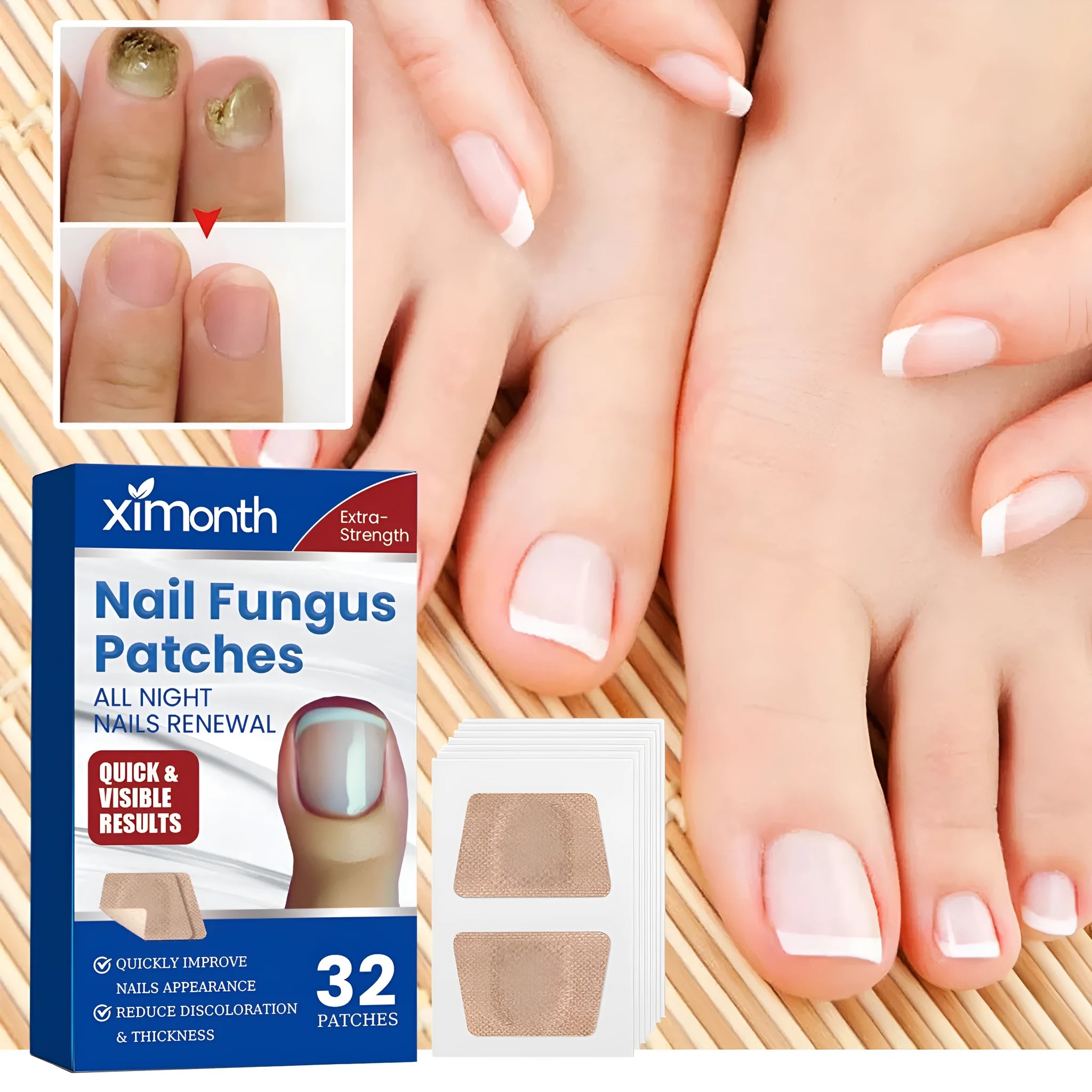 Nail repair adhesive bandage patches measuring 6.1 x 3.5 cm with glycerin, tea tree oil, and vitamin E ingredients
