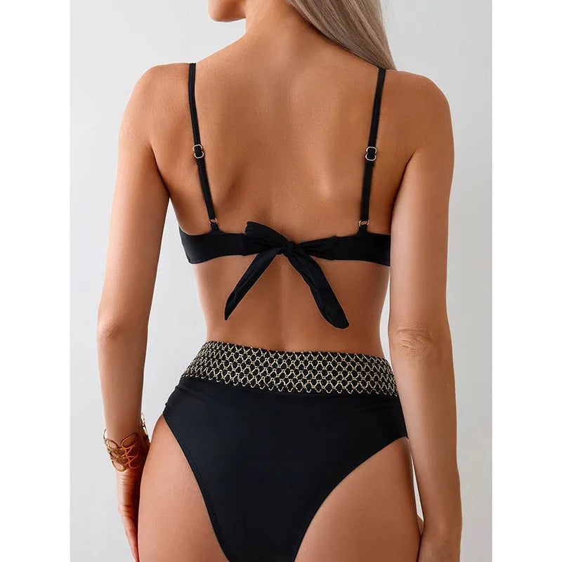 Black European and American bikini split swimsuit in polyester fibre, sleeveless brief style, shown flat