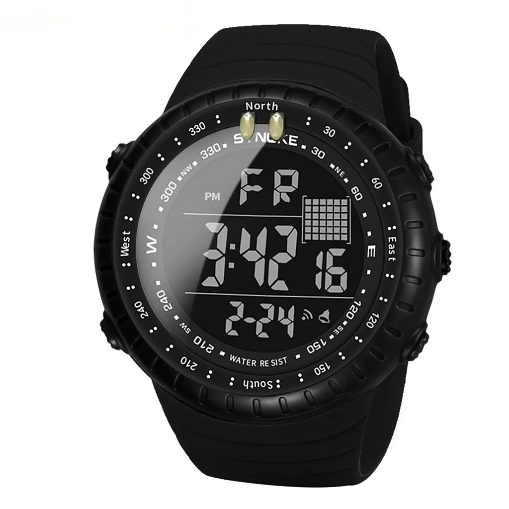 Men's black waterproof digital watch with plastic case and adjustable PU strap for outdoor activities