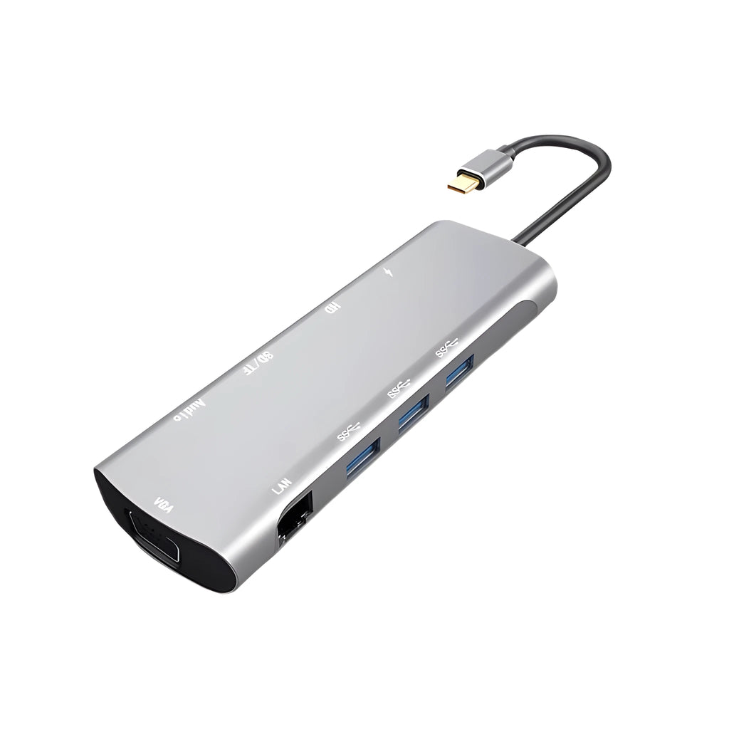 Grey aluminium USB-C docking station with HDMI, VGA, USB 3.0, and charging ports