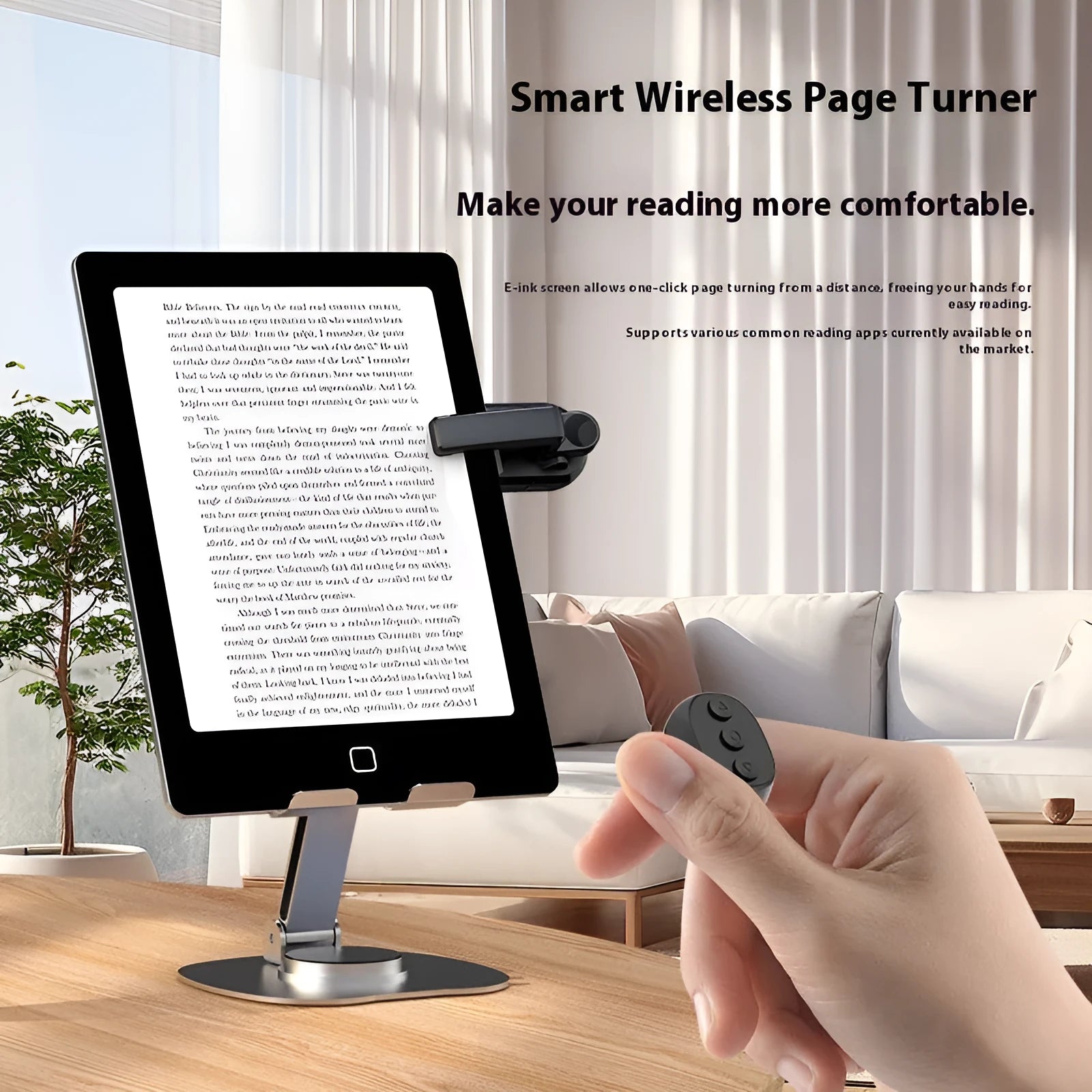 Wireless page turner remote control with clicker unit for hands-free navigation on reading devices