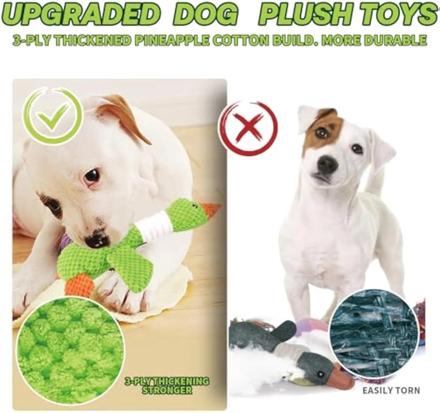 Blue durable duck dog plush toy with squeakers on a white background