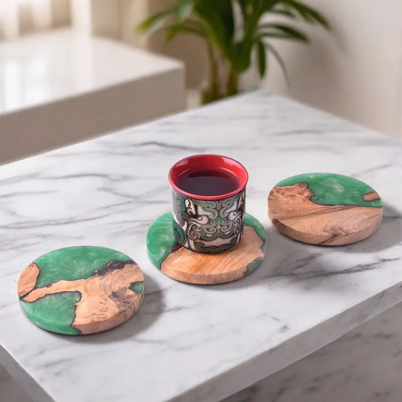 Nordic wooden style Kung Fu tea coaster in heat insulation resin, 9.8cm diameter