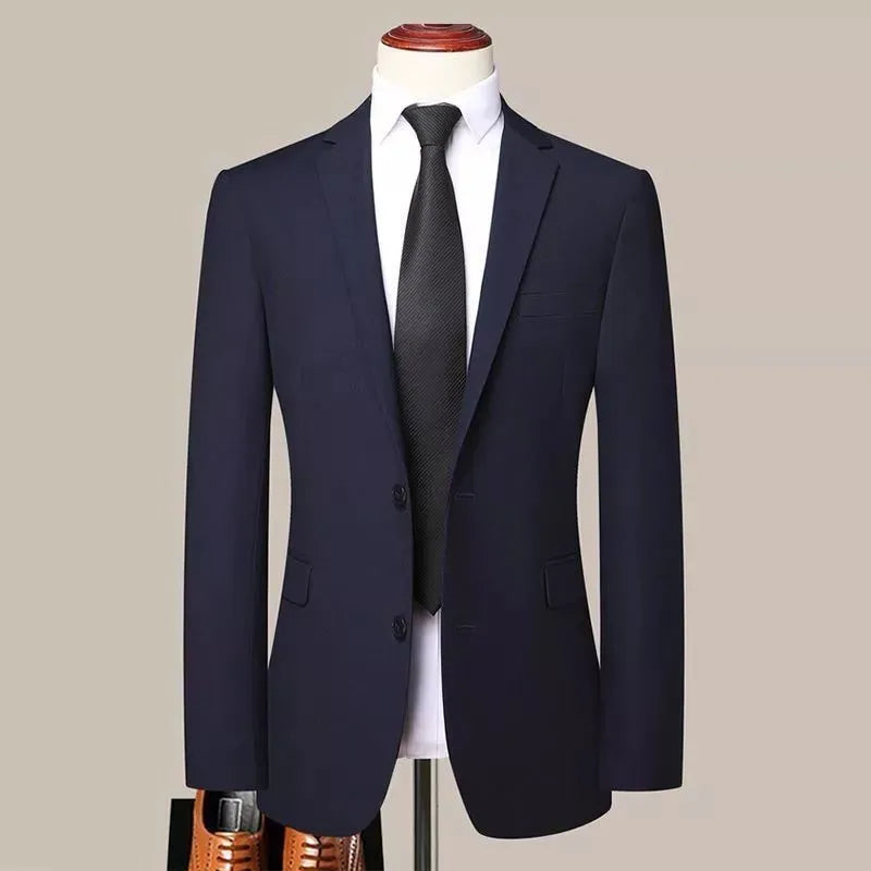 Men's three-piece slim fit Korean style business suit set in black with jacket, trousers, and tie