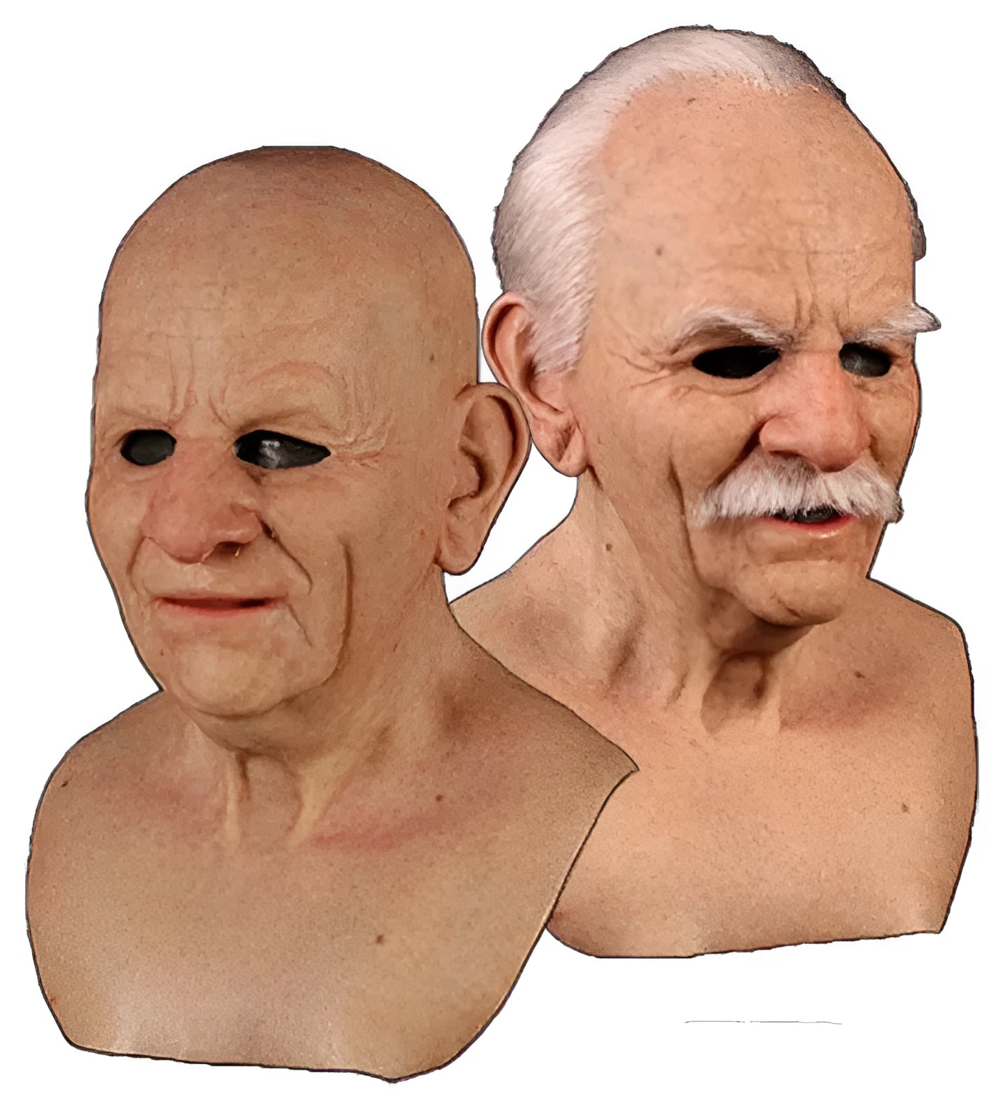 Latex Halloween old man mask with white hair and white beard, curly hair style on display
