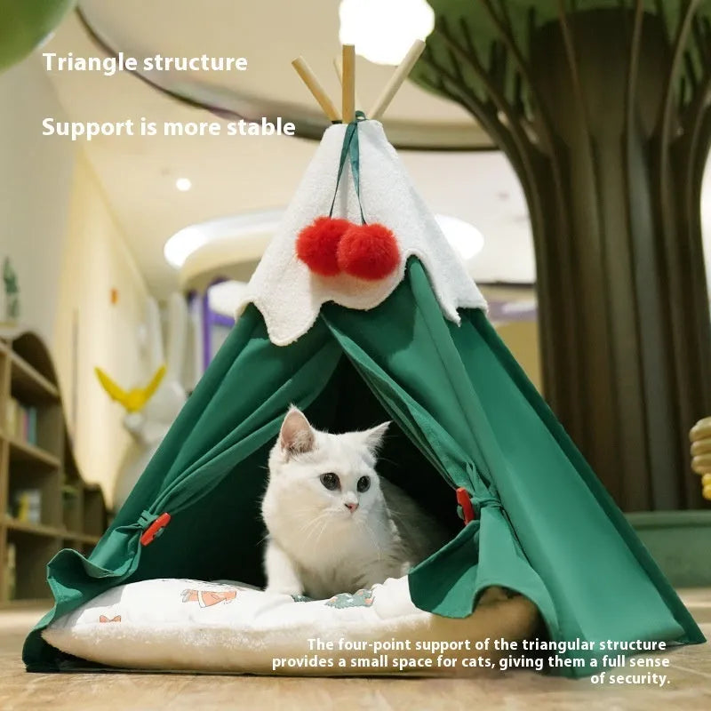 Winter warm semi-closed cat house deep sleep bed thickened cloth brown mat 50x50x68cm