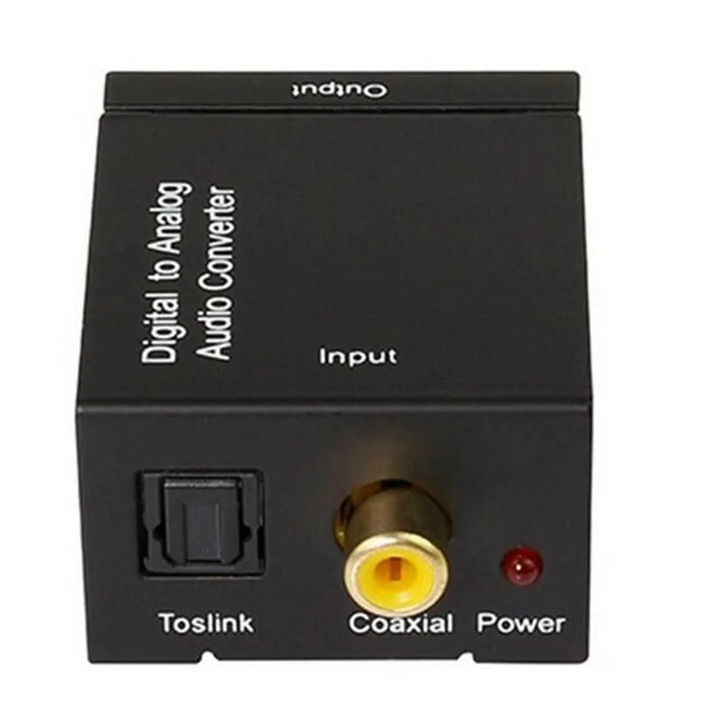Black digital to analog audio converter with Toslink and coaxial inputs and RCA outputs