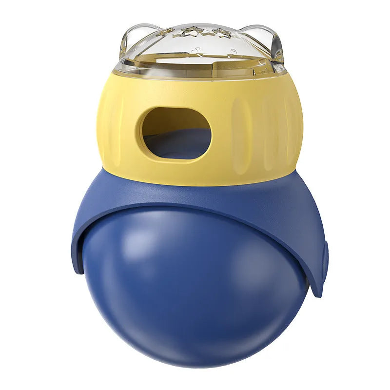 Owl-shaped plastic cat feeder toy in morandi yellow and blue colours for interactive food dispensing