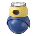 Owl-shaped plastic cat feeder toy in morandi yellow and blue colours for interactive food dispensing
