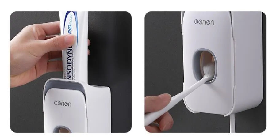 Automatic toothpaste dispenser in blue, grey, and pink colours made from ABS plastic.