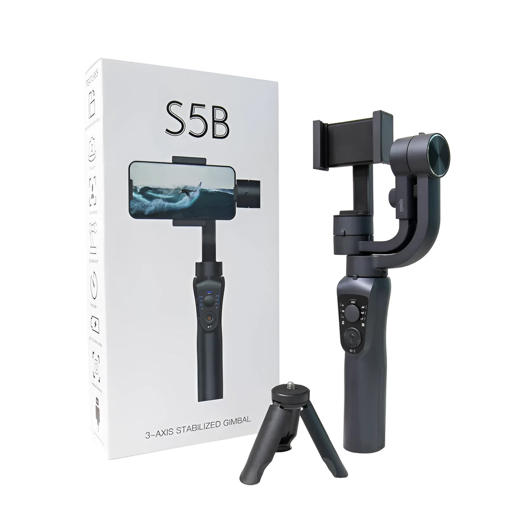 Black three-axis handheld gimbal stabilizer for mobile phones with extended battery and carrying cases