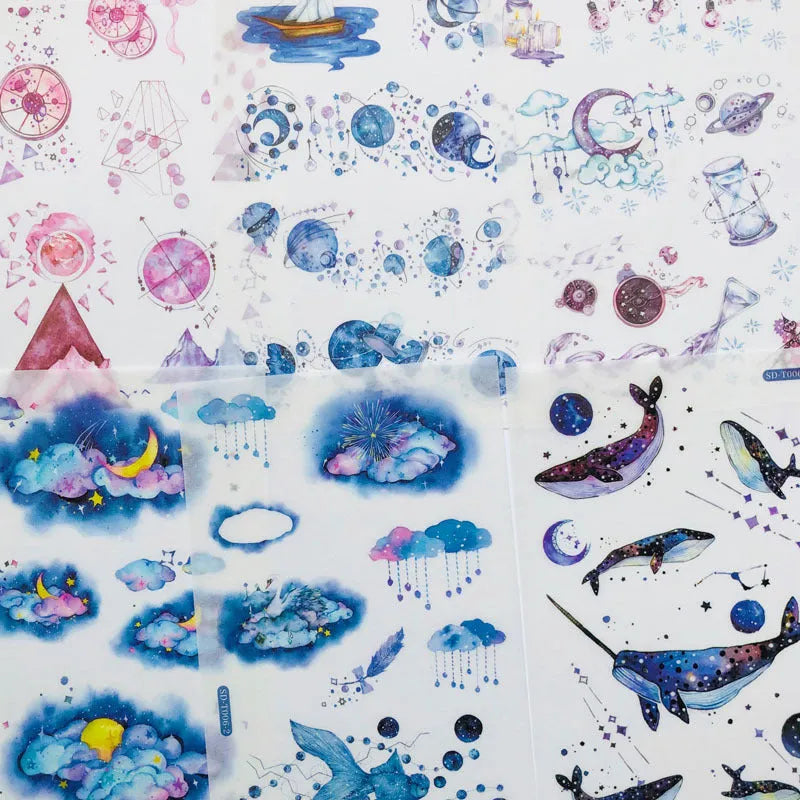 Hand account paper sticker set with fantasy stars design on Japanese paper sheet, 10.5x14.1cm, in paper bag packaging