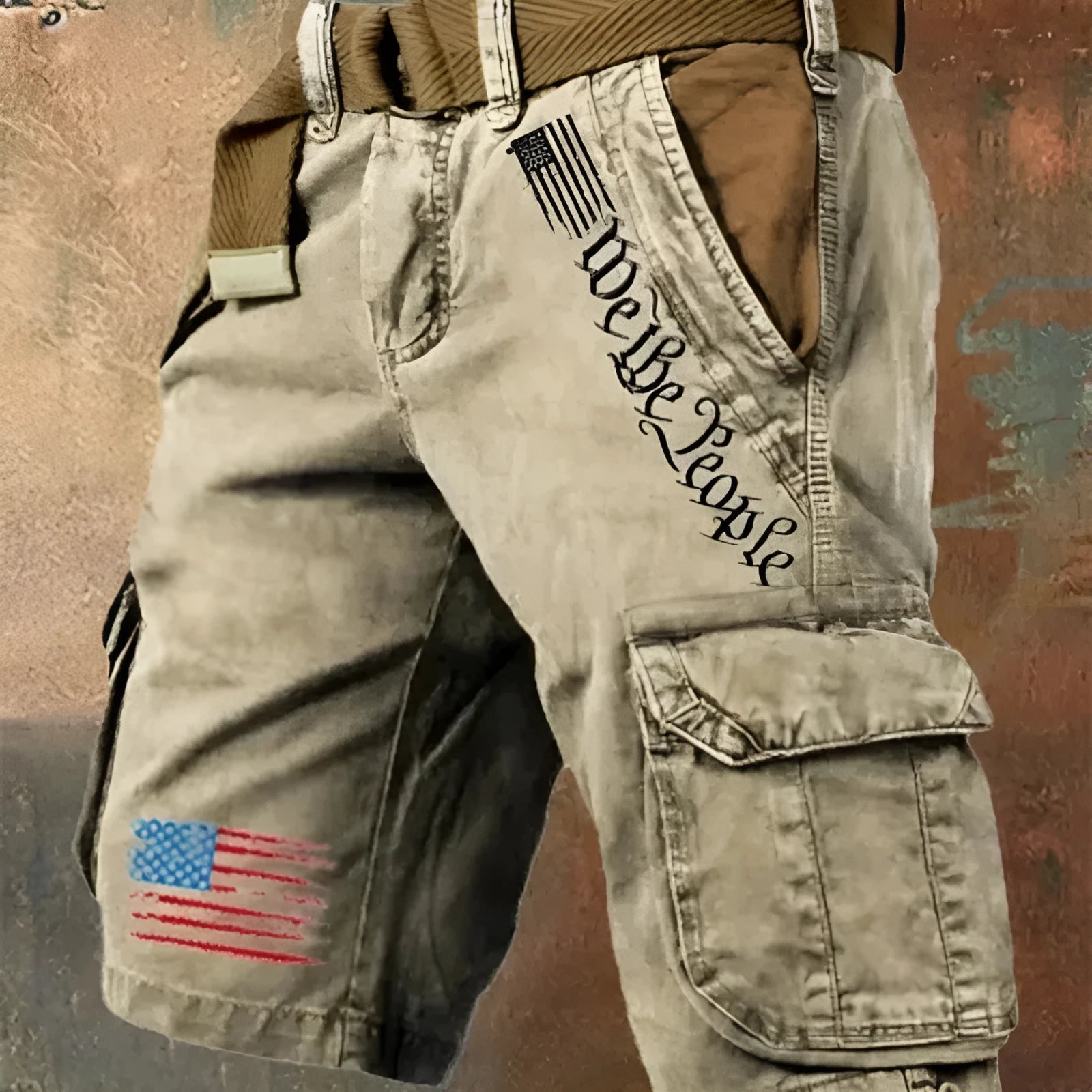 Men's workwear casual multi-pocket fifth pants in khaki denim with loose fit and mid waist